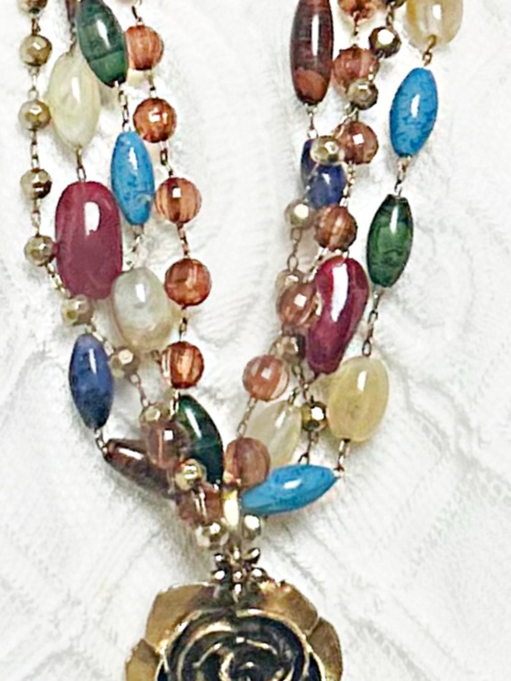 Multistrand Colorful Beaded Statement Necklace Floral Rose Pendant Boho - Picture 6 of 7